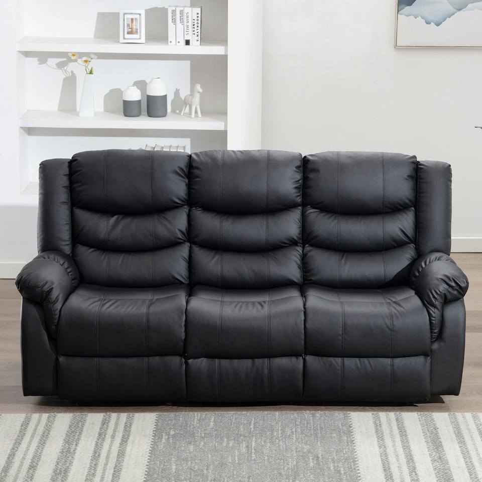 image 1 of Seattle 3 Seater Manual High Back Bonded Leather Recliner Sofa (Black)