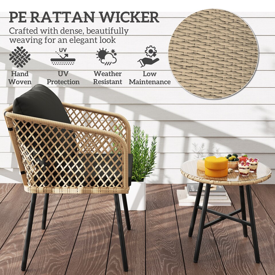 image 1 of Outsunny 3 Piece Rattan Bistro Set, Patio Wicker Conversation Furniture Set with 2 Chairs, Tempered Glass Table, Cushions, Adjustable Foot Pads, for Garden, Balcony, Nature Wood Finish