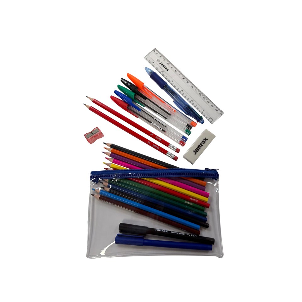 image 1 of Stationery Filled Blue Zip 8x5" Pencil Case with Colouring Pencils