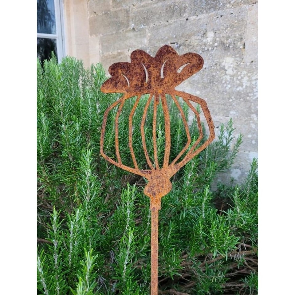 image 1 of 5 Feet Poppy Seed Head Plant Pin Garden Art (Pack of 3) - Bare Metal/Ready to Rust