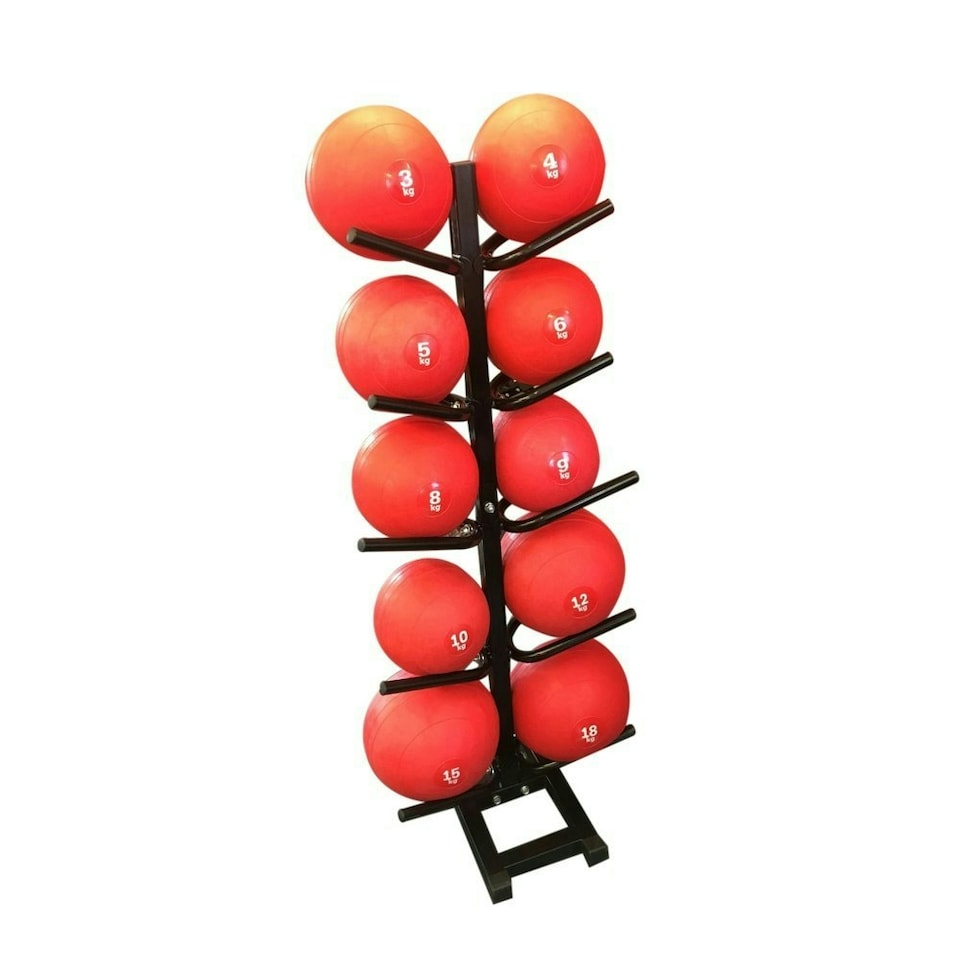 DOUBLE SIDED VERTICAL STORAGE RACK WITH 10 RED SLAM BALLS