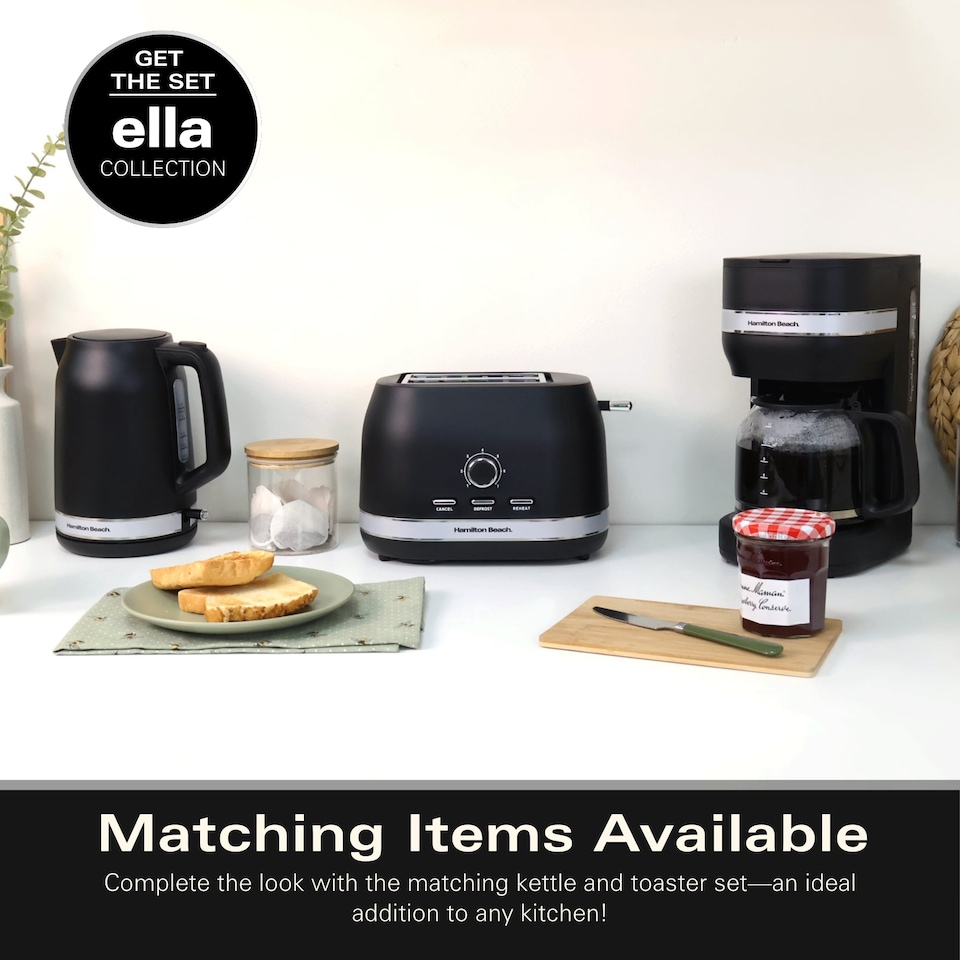 image 1 of Hamilton Beach Filter Coffee Machine, Ella 1.5L, 900W, Coffee Maker for Instant Coffee, Espresso, Macchiato, Makes 12 Cups, Re-usable Filter, Anti-Drip, Water Level Window, Matte Black - HBC9453MB