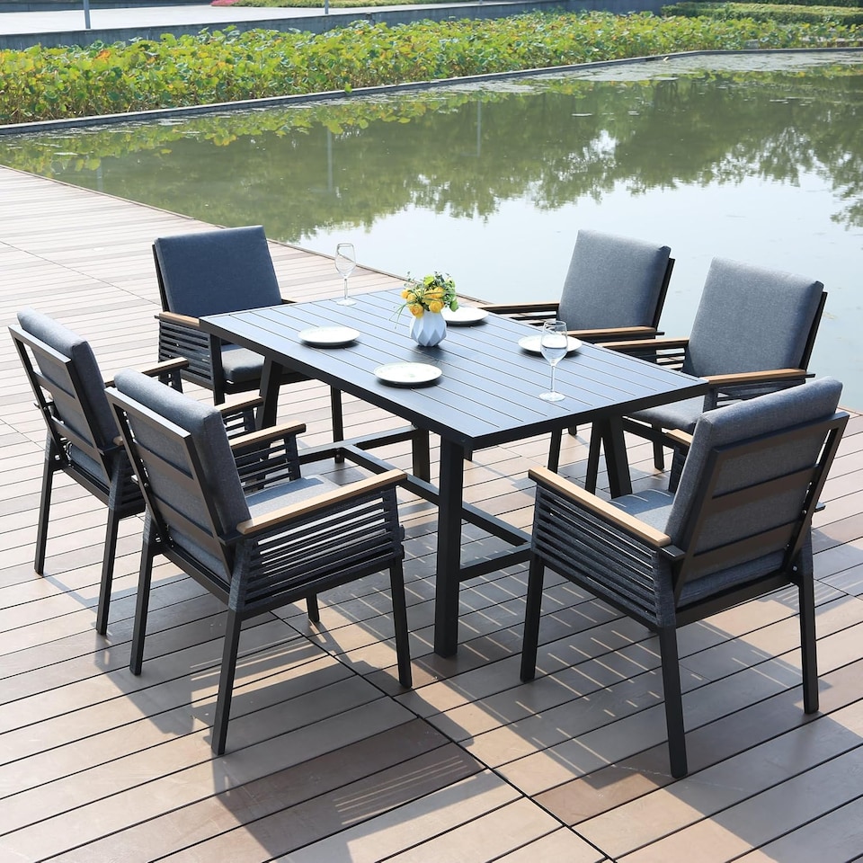 image 1 of Aluminium Garden Dining Set with Cushions for 6 People, Luxury Outdoor Furniture (Grey)