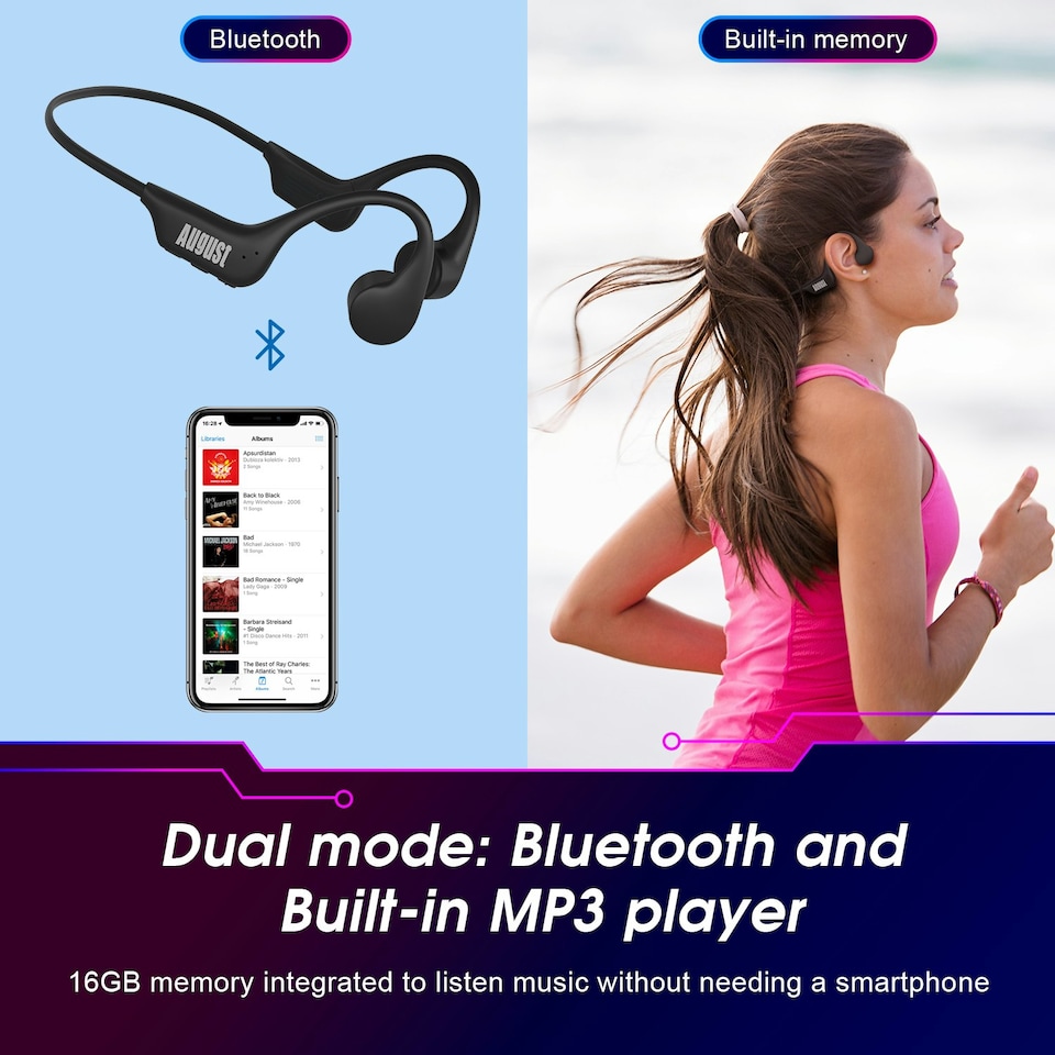 image 1 of Bone Conduction Bluetooth Wireless Headphones Open Ear Sports Earphones with Mic, Hands- Free Calls, Built-in 16GB MP3 Player - August EP400B Black