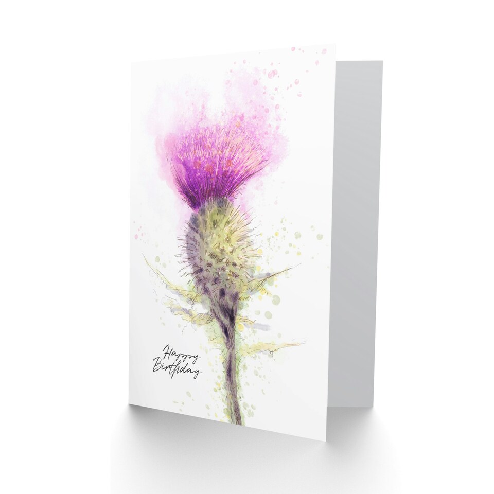 image 1 of Happy Birthday Scottish Thistle Flower Watercolor Birthday Card