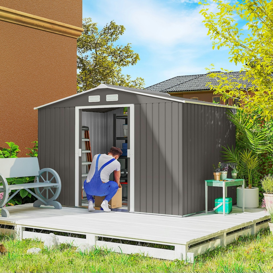 image 1 of Outsunny 9 x 6FT Galvanised Garden Storage Shed with Sliding Door, Grey