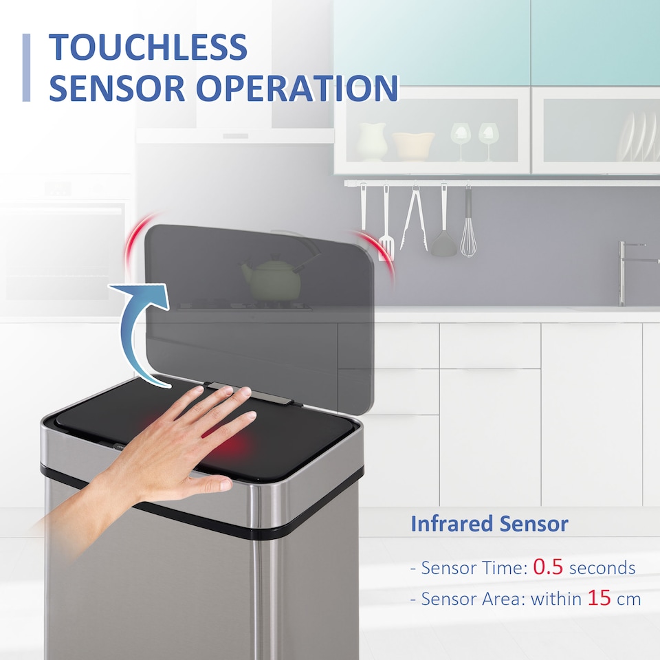 image 1 of HOMCOM 72L Recycling Sensor Bin Stainless Steel 3 Compartments For Both WetDry Waste wRemovable Lid  Kitchen Home | Chrome | 1