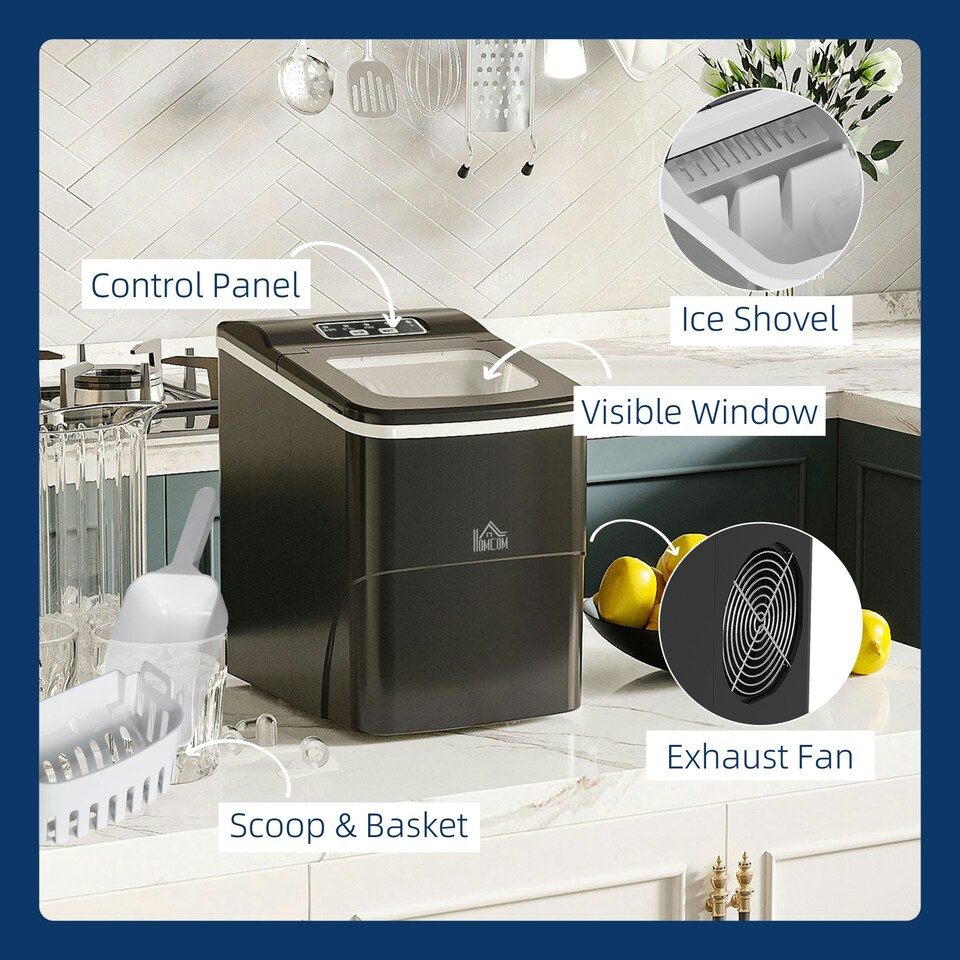 image 1 of HOMCOM Ice Maker 12kg/24H Production with Scoop Basket for Home Office Black