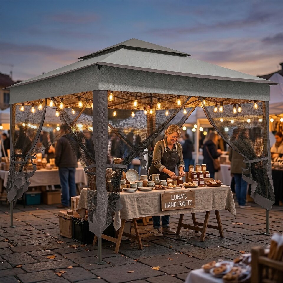 image 1 of Outsunny Garden Folding Tent Heavy Duty Pop Up Gazebo for Party Light Grey | Grey | Light Grey