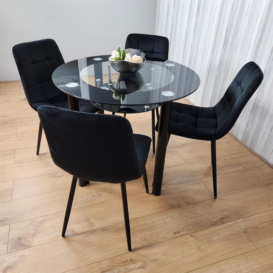 image 1 of Round Black Glass Dining Table Set with 4 Black Velvet Chairs Modern Dining Room Furniture
