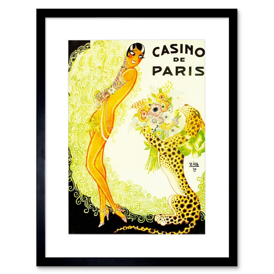 image 1 of Music Hall Paris Showgirl Leopard Cat Casino 9x7" Black Framed Wall Art Print