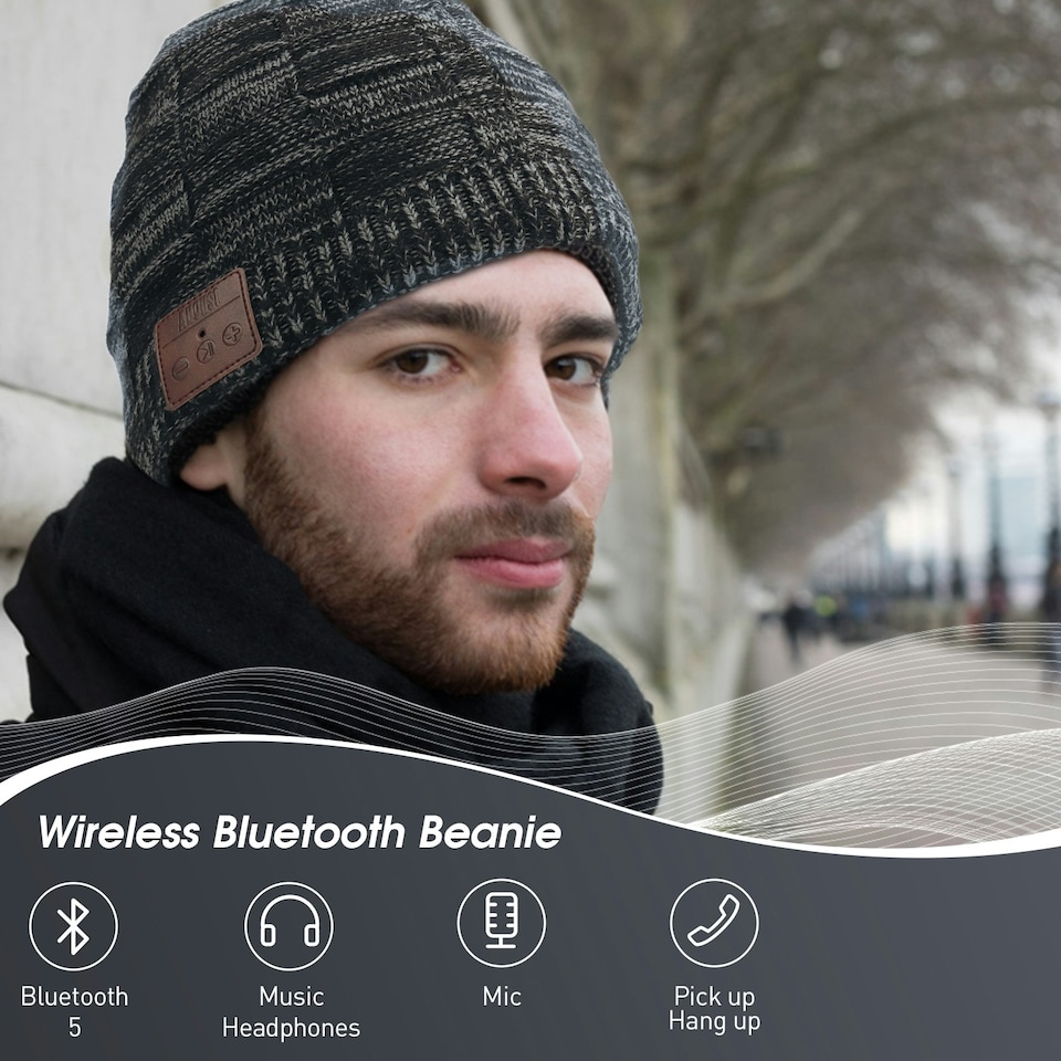 image 1 of Warm Beanie Hat with Bluetooth Wireless Headphones Integrated - Rechargeable with Built-In Microphone For Hands Free Calls - August EPA25 | Grey