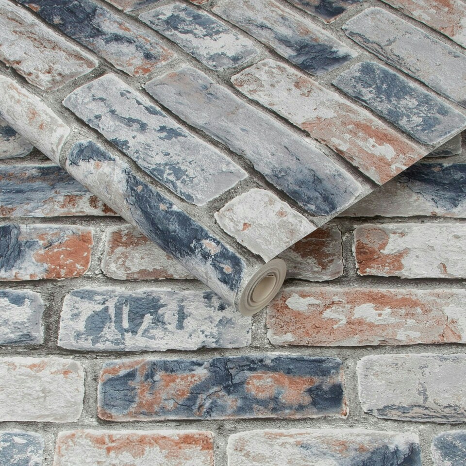 image 1 of Fresco Navy/Red Industrial Distressed Brick Wallpaper Red | Blue