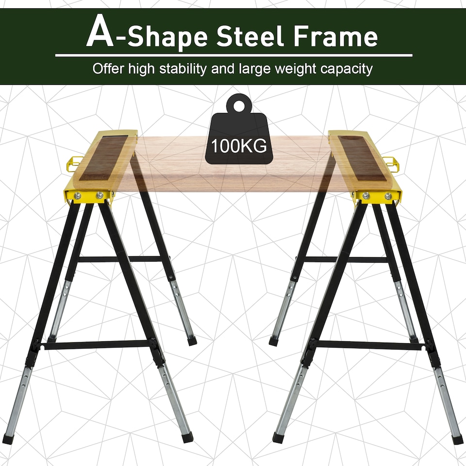 image 1 of DURHAND Set of 2 Folding Saw Horses Steel Frame w/ Anti-Slip Platform Handle DIY | Yellow | Yellow and Black