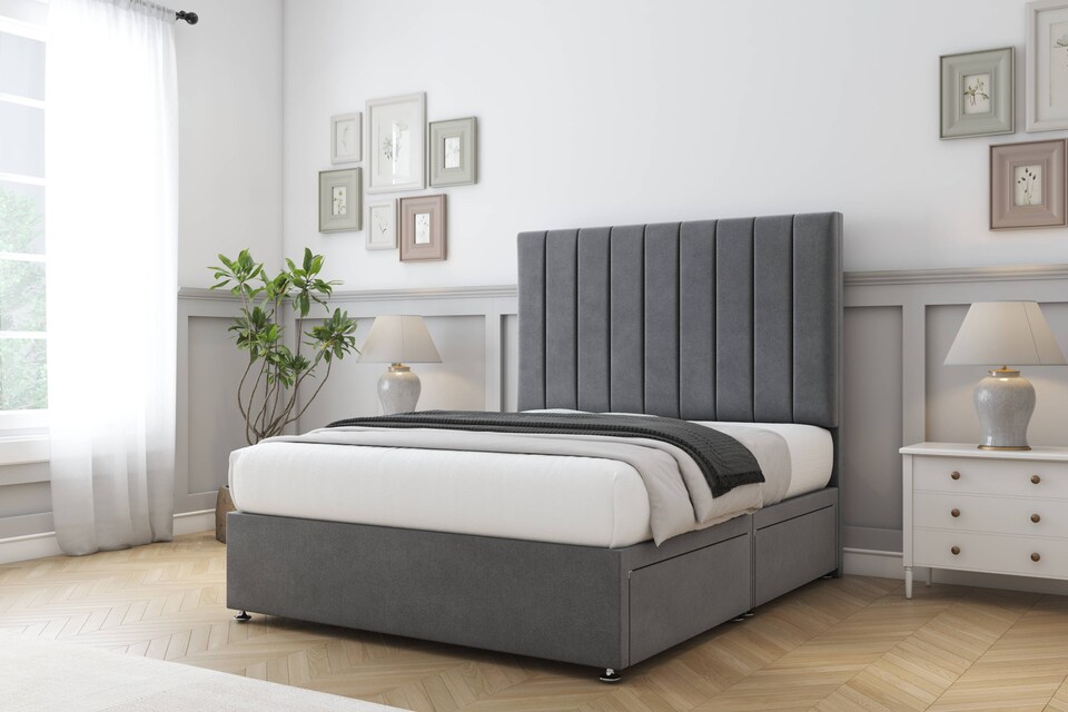 image 1 of Sloomy Kansas Armour Coniston Divan Bed Base 4 Drawers With 26 Inch Strutted Headboard | Grey | Armour | King | 1