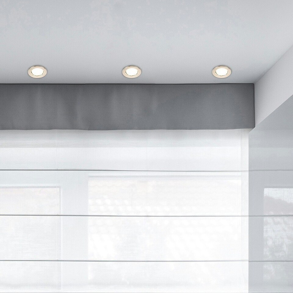 image 1 of ValueLights Pack of 6 - Fire Rated Brushed Chrome GU10 Recessed Ceiling Downlight/Spotlights With 5w LED Bulbs In Warm White