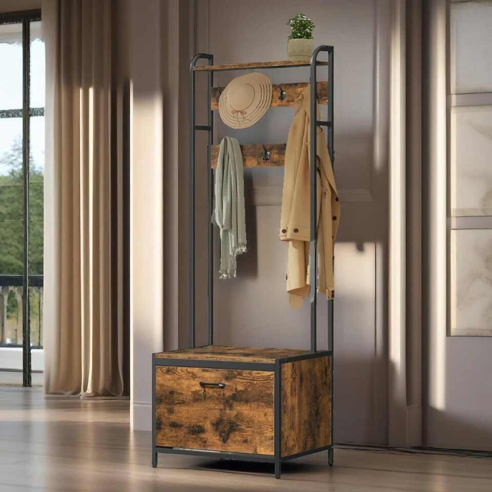image 1 of Industrial Coat Rack Stand With Shoe Storage Brown One Size