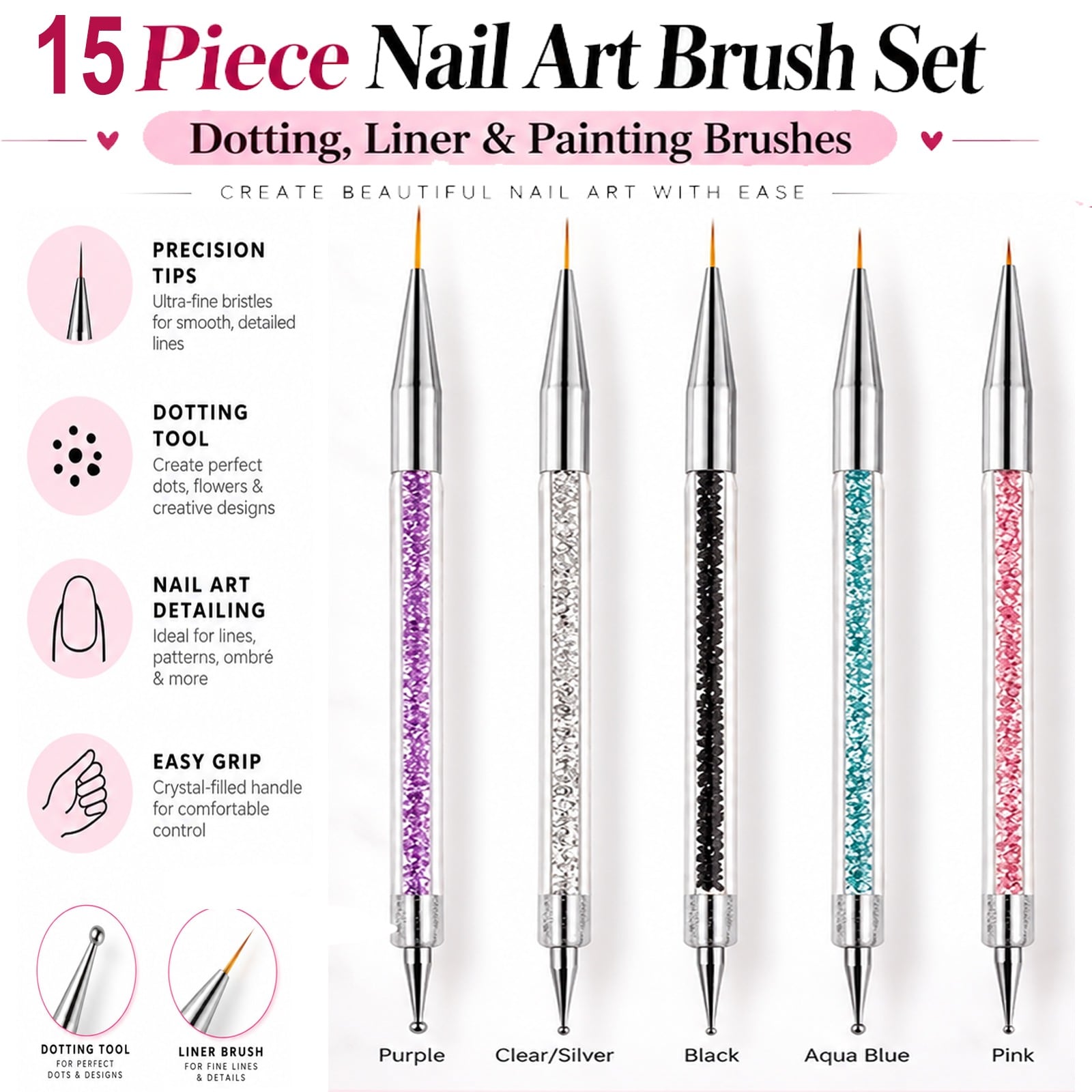 15 Piece Nail Art Liner Brushes Set, Nail Dotting Painting Drawing Tools, Polish Detail Brush Pens for Nail Design