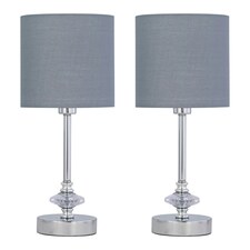 First Choice Lighting Set of 2 Chrome Jewelled Table Lamp with Grey Cotton Shades Chrome | Grey