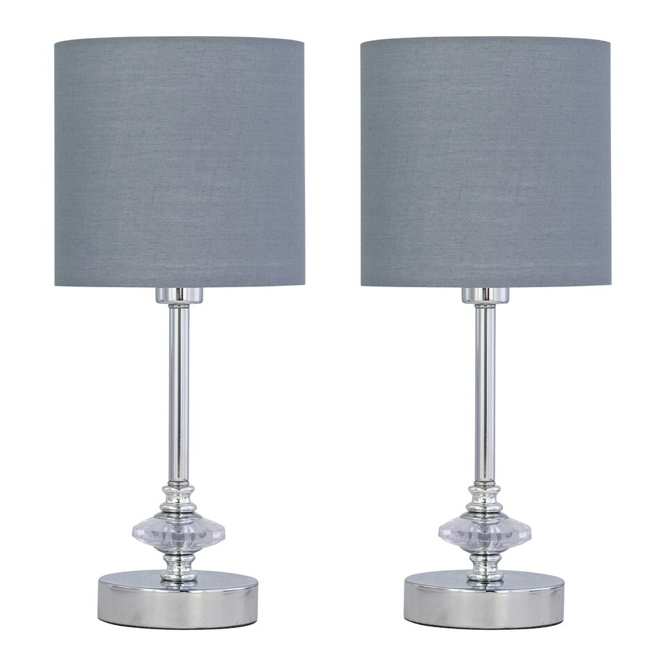 image 1 of First Choice Lighting Set of 2 Chrome Jewelled Table Lamp with Grey Cotton Shades Chrome | Grey