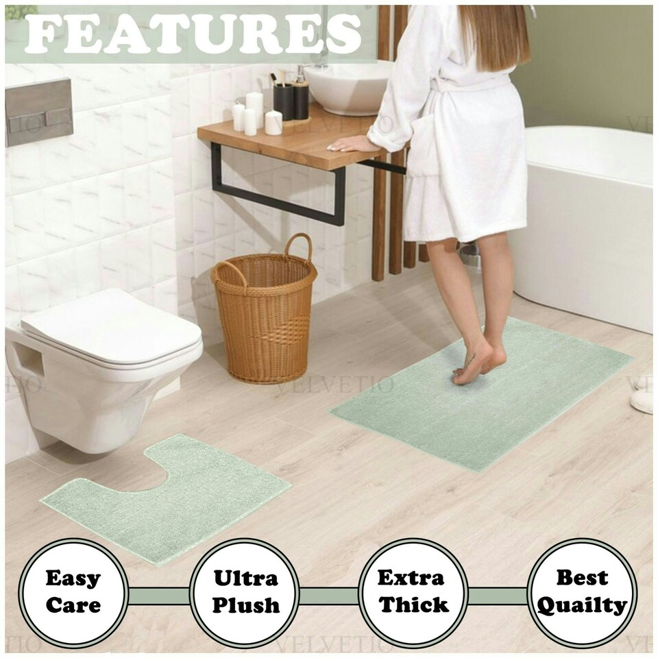 image 1 of VELVETIO Shiny Sparkling Bath Set Anti Slip Pedestal Mat Bathroom Rugs Cream | Mint
