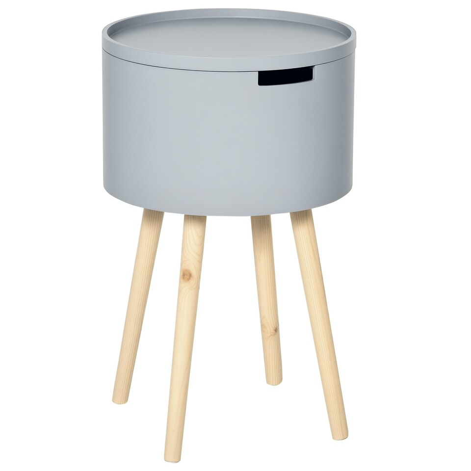 image 1 of Round Side Table Wood Nightstand with Hidden Storage Space Removable Tray Grey