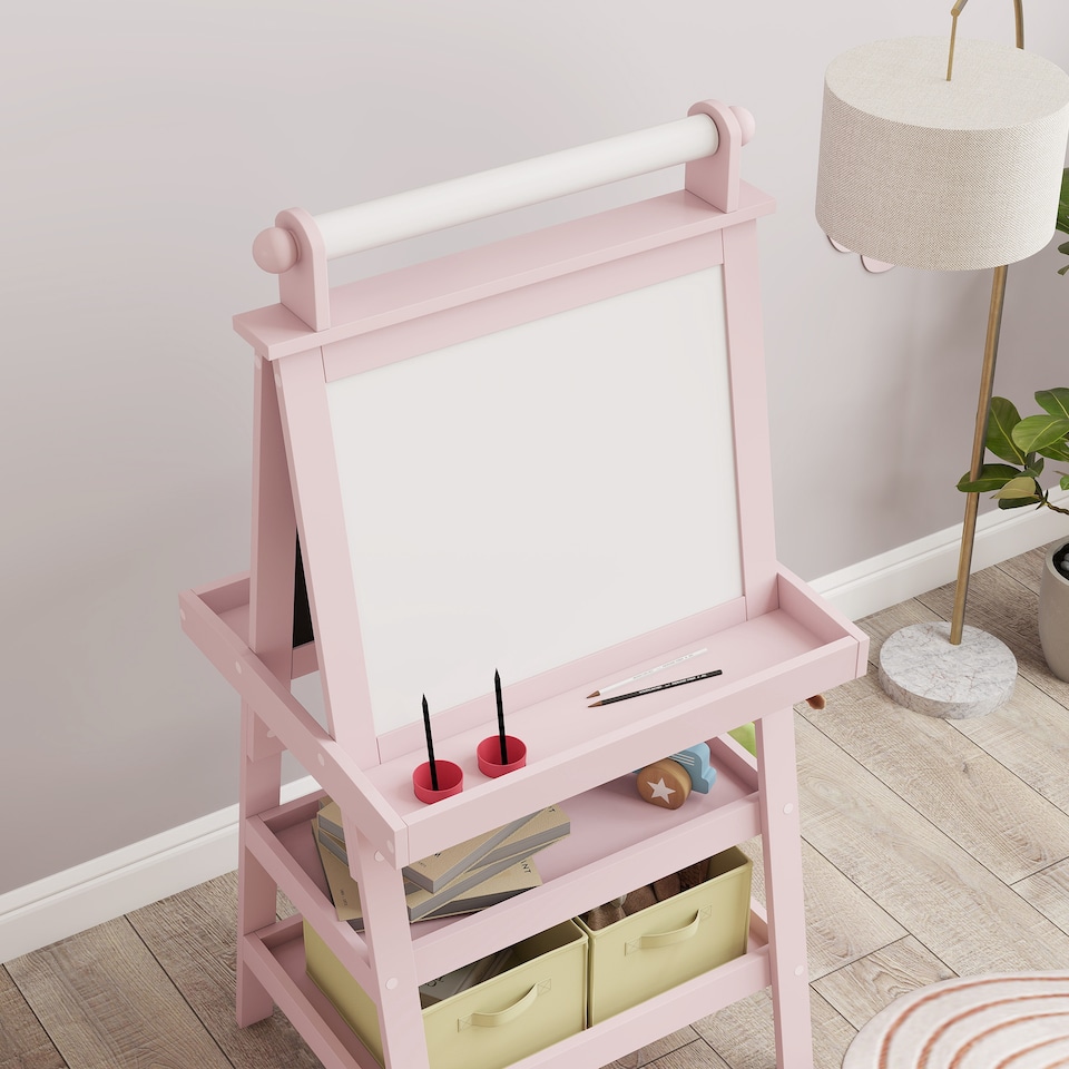 image 1 of AIYAPLAY Art Easel for Kids with Paper Roll, 3 in 1 Kids Easel Double-Sided Magnetic Whiteboard and Chalkboard with Storage Baskets, for Children 3-6 Years | Pink | Pink