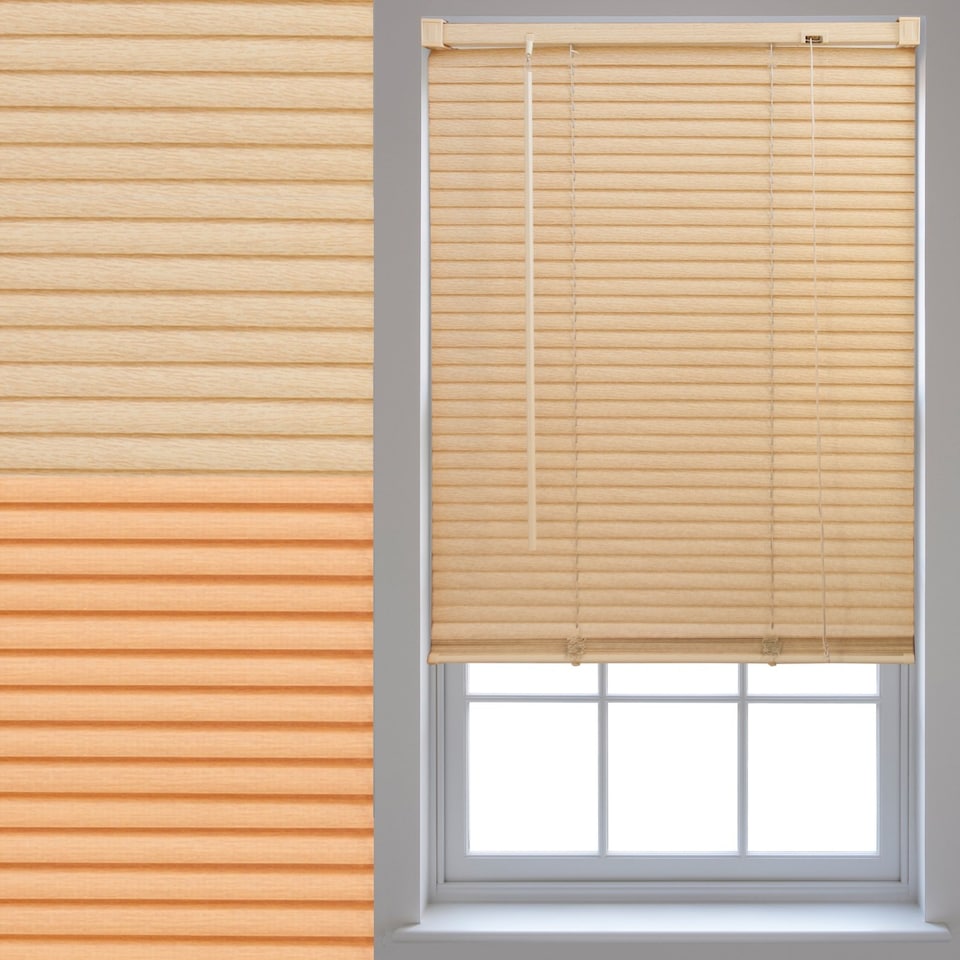 image 1 of FURNISHED Wood Effect PVC Trimmable 25mm Slat Venetian Window Blinds | Cream | Natural | (W) 110cm x (L) 150cm
