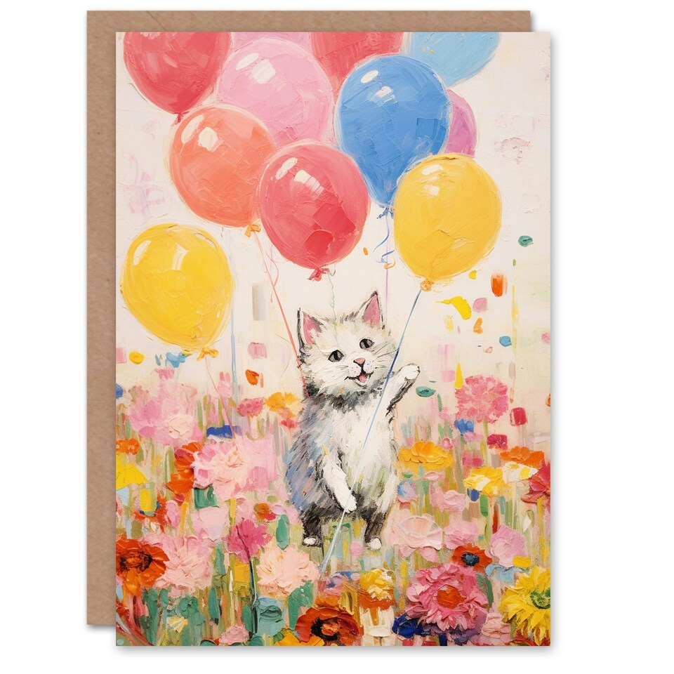 image 1 of Flowers Kitty Kids Balloons Cat Child Kids Birthday Card