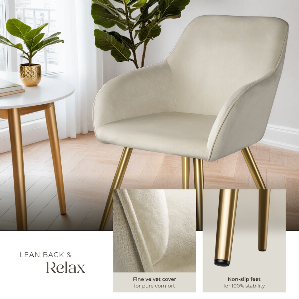 image 1 of Chair Marilyn with Velvet Cover, Gold Steel Legs and Plush Padding | Cream | cream/gold | One Size | 1