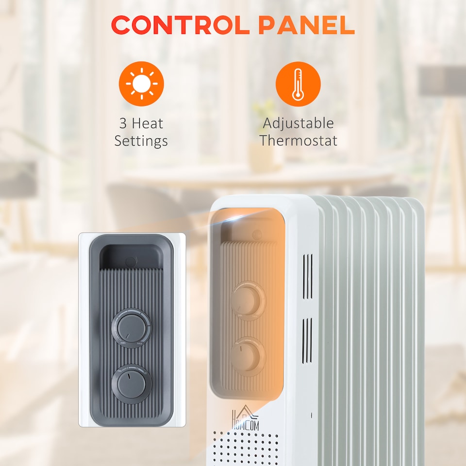 image 1 of HOMCOM 2000W Oil Filled Radiator, 9 Fin, Portable Electric Heater with 3 Heat Settings, Safety Cut-Off and Wheels, White