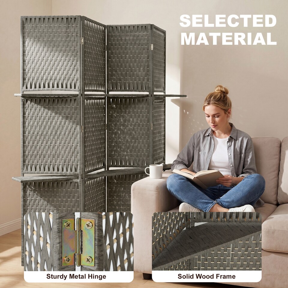 image 1 of HOMCOM 4-Panel Folding Room Divider with Shelves