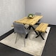 image 4 of Wooden Dining Table with 2 Benches and Grey Velvet Chairs, Stylish Dining Room Furniture
