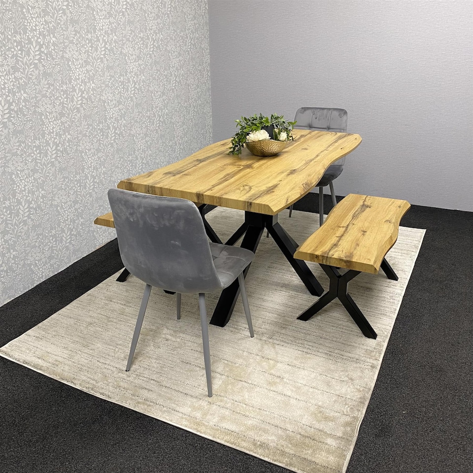 image 1 of Wooden Dining Table with 2 Benches and Grey Velvet Chairs, Stylish Dining Room Furniture