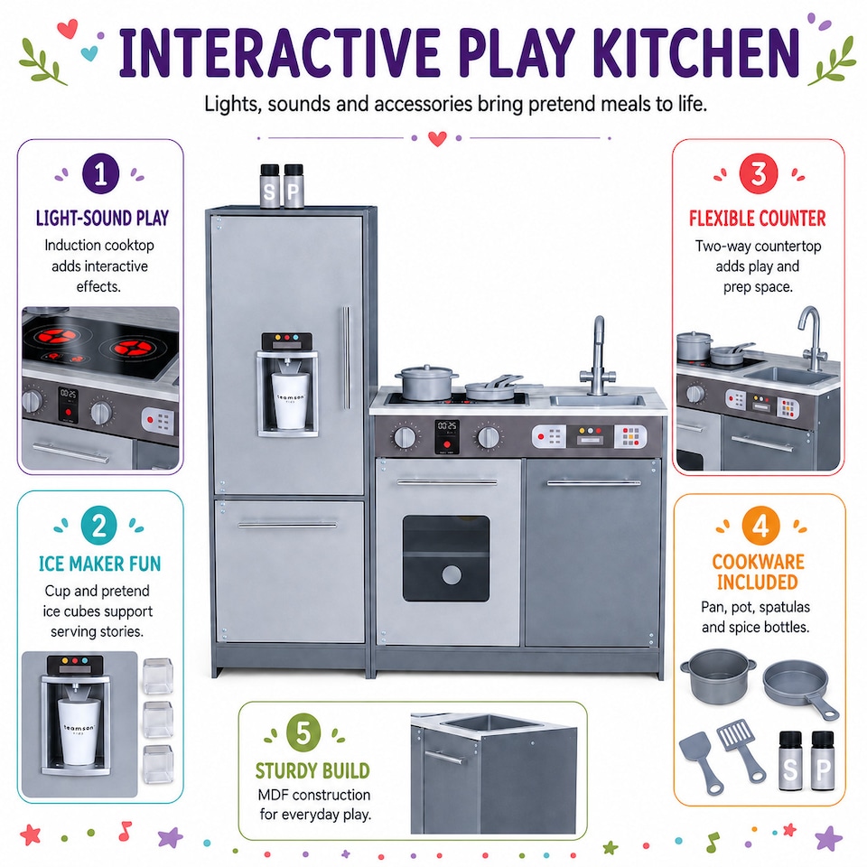 image 1 of Teamson Kids Play Kitchen, Medium Grey with Light and Sound, Little Chef Milano