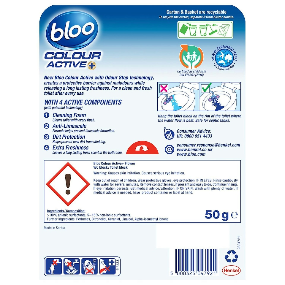 image 1 of Bloo Colour Active Fresh Flower Fragrance Odour Stop Toilet Rim Block, 50g, 6 packs | Multi | 6 Pack | 6