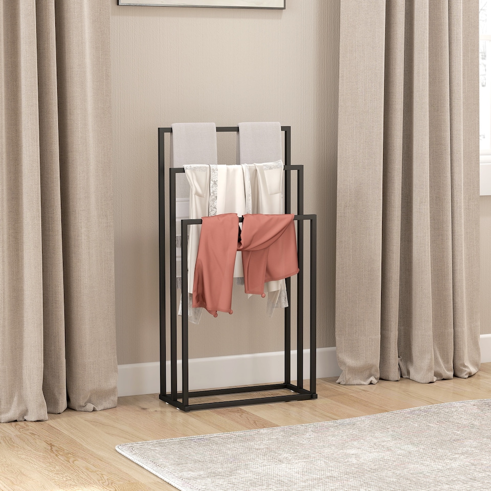image 1 of HOMCOM Freestanding Towel Rack, Steel Towel Rail Holder with 3 Bars, Black