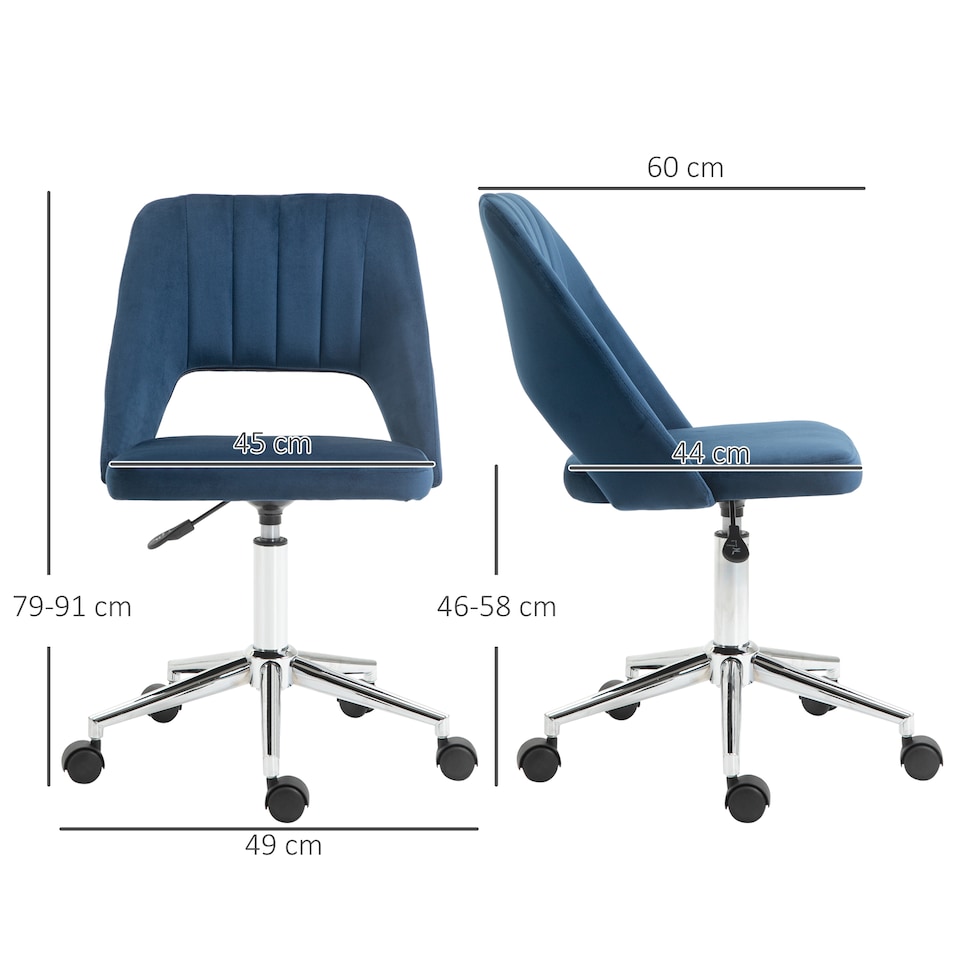 image 1 of Vinsetto Modern Office Chair, Velvet-feel Fabric Desk Chair with Wheels, Comfy Armless Swivel Vanity Chair for Makeup, Nail Tech, Bedroom, Dark Blue