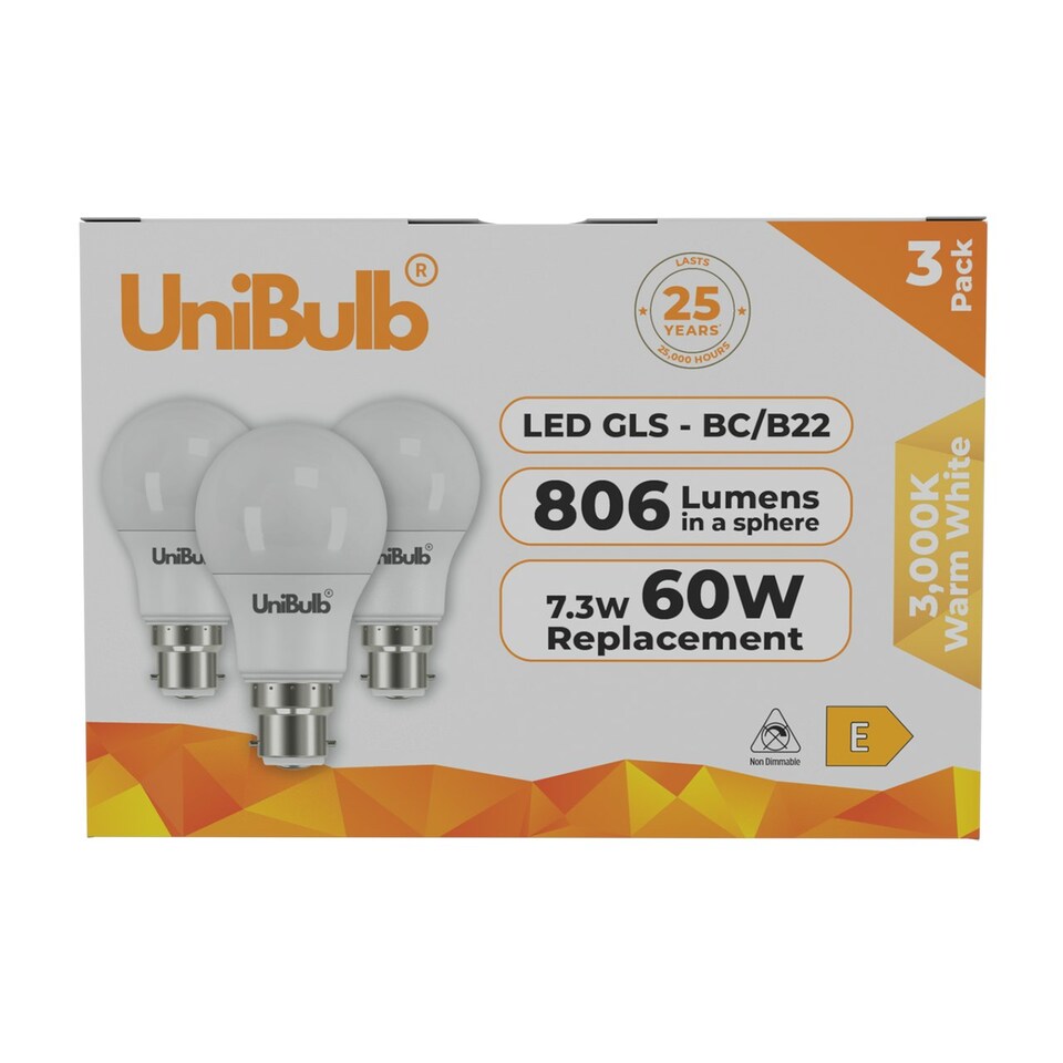 image 1 of UniBulb LED GLS B22 806lm 7.3W 3000K (Warm White) Light Bulb - Pack of 3