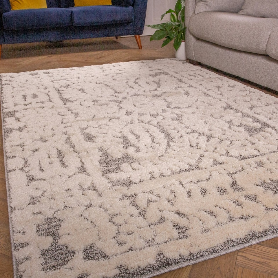 image 1 of KUKOON Grey Cream Floral Plush Loop Pile Living Room Area Rug 60cm x 110cm