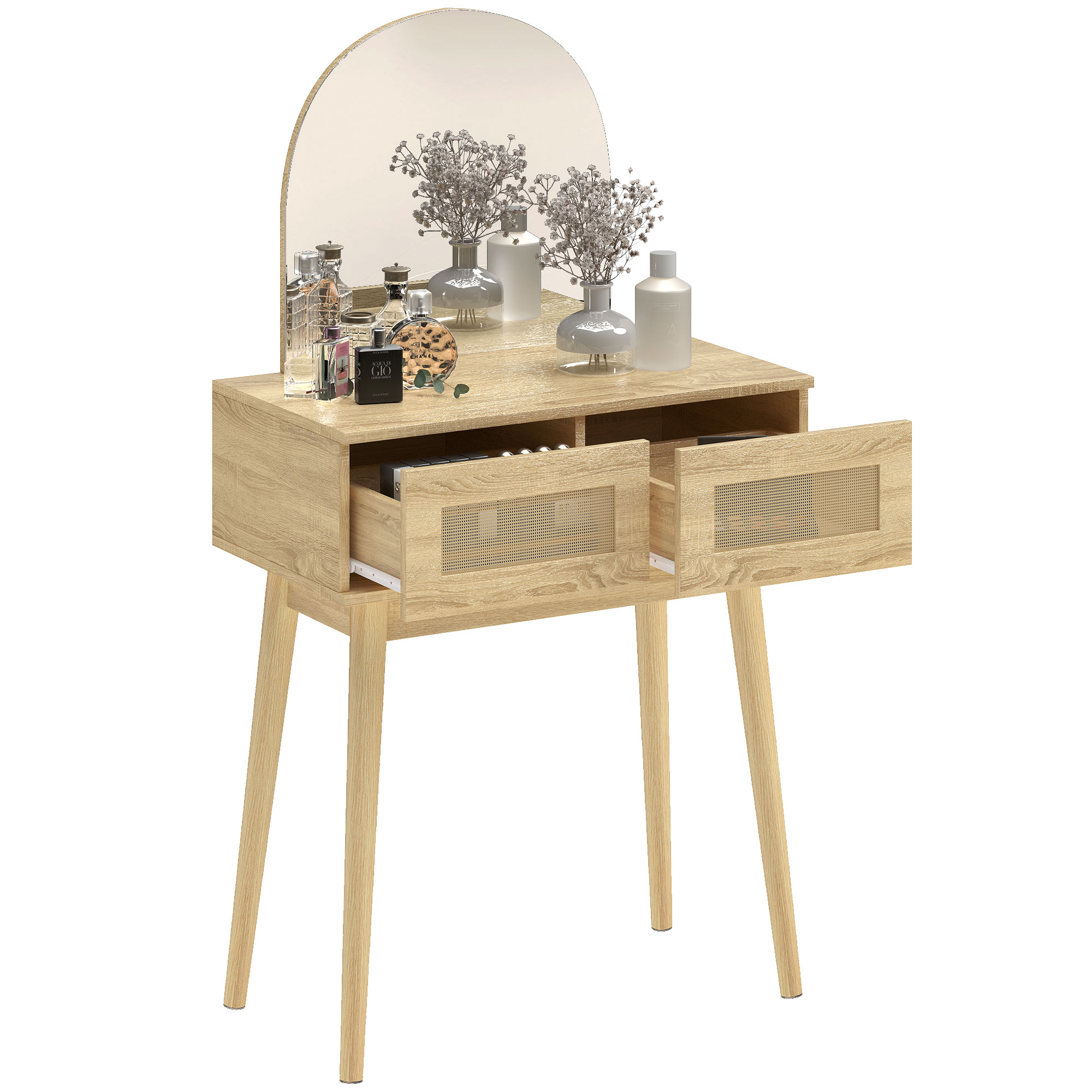 HOMCOM Dressing Table, Vanity Desk w/ Mirror, 2 Drawers, Natural Wood Finish