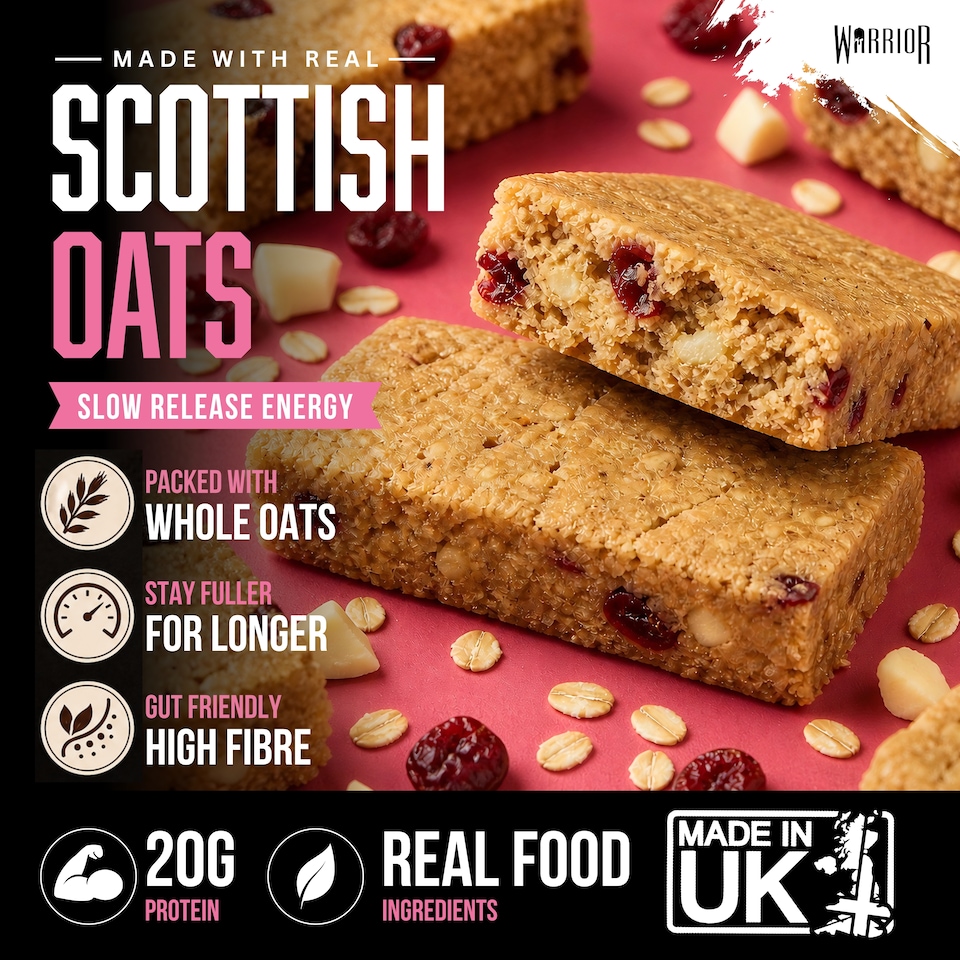 image 1 of Warrior RAW Protein Bars 12 x 75g – 20g High Protein Bar, Low Sugar High Fibre Oat Protein Flapjack – Protein Snacks, Meal Replacement Bars (White Chocolate Cranberry)