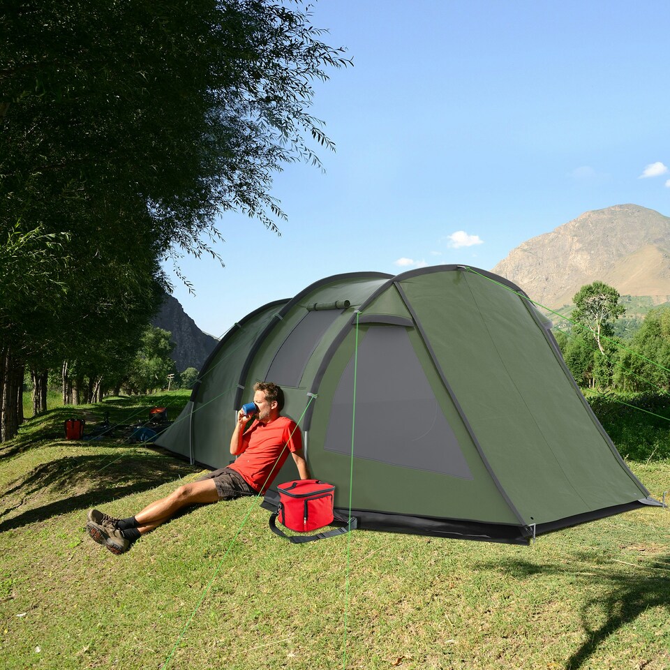 image 1 of Outsunny 3-4 Persons Tunnel Tent, Two Room Camping Tent w/ Windows, Black