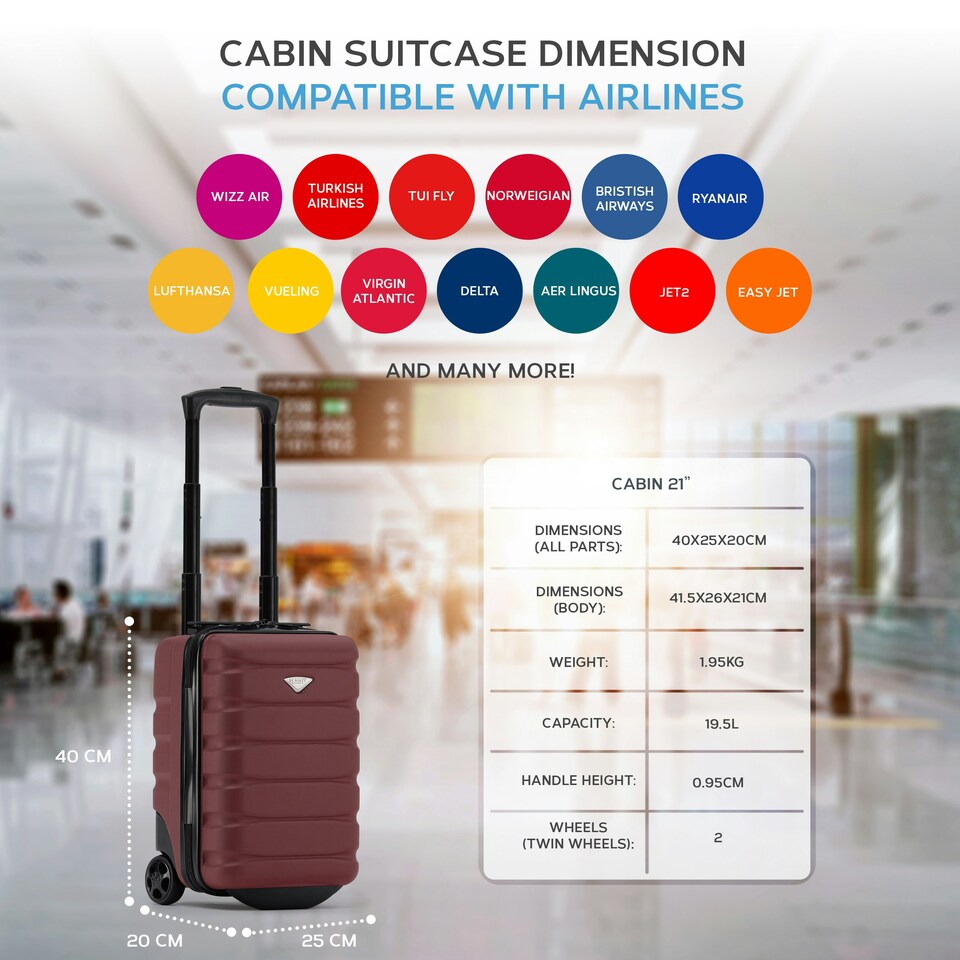 image 1 of Flight Knight Lightweight 2 Wheel ABS Hard Suitcase Cabin Hand Luggage 100+ Airlines Approved - British Airways, Ryanair & easyJet Free Carry On 40x20x25cm Purple | Burgundy | Cabin Bag