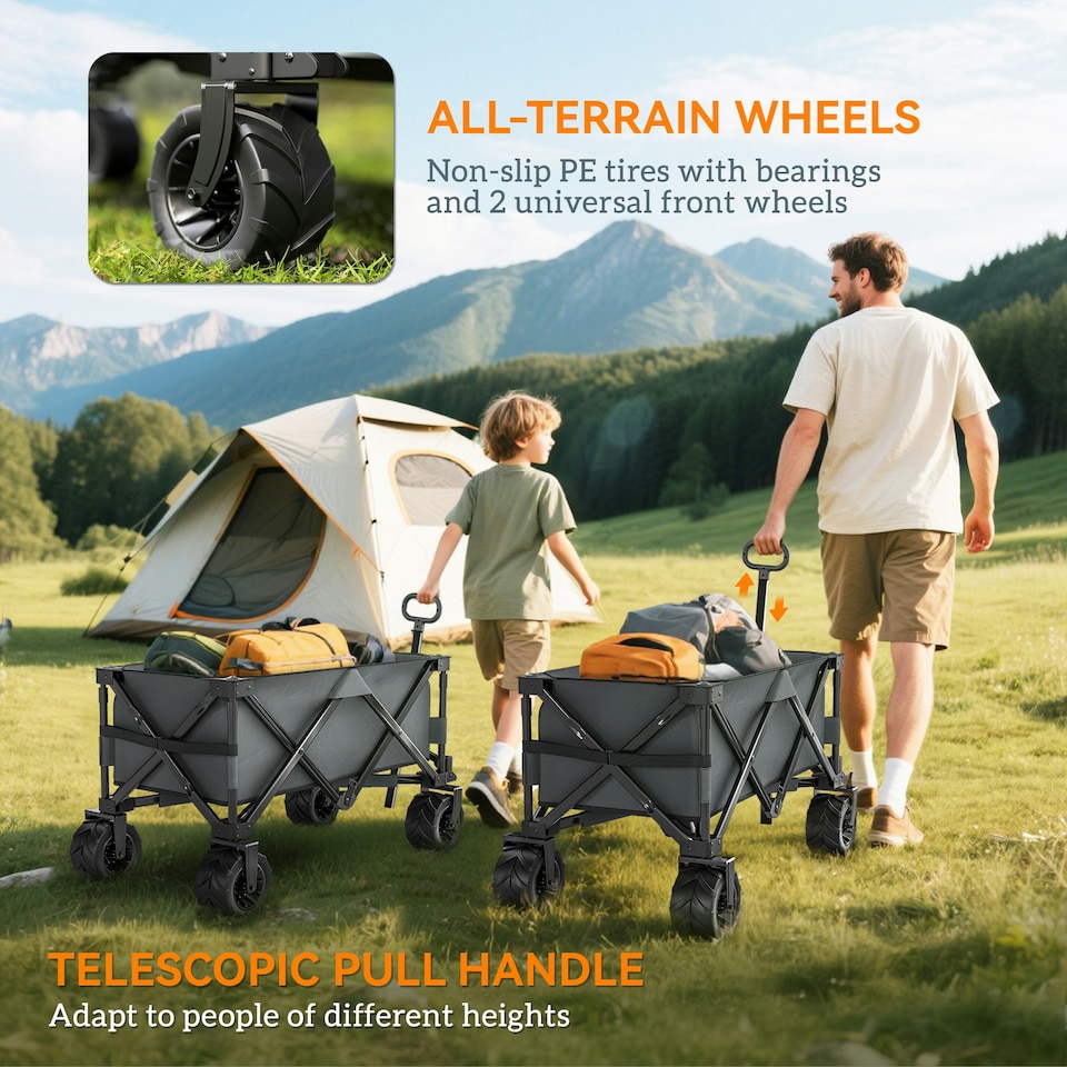 image 1 of Outsunny Outdoor Cart Folding Cargo Wagon Trailer Beach w/ Handle Dark Grey