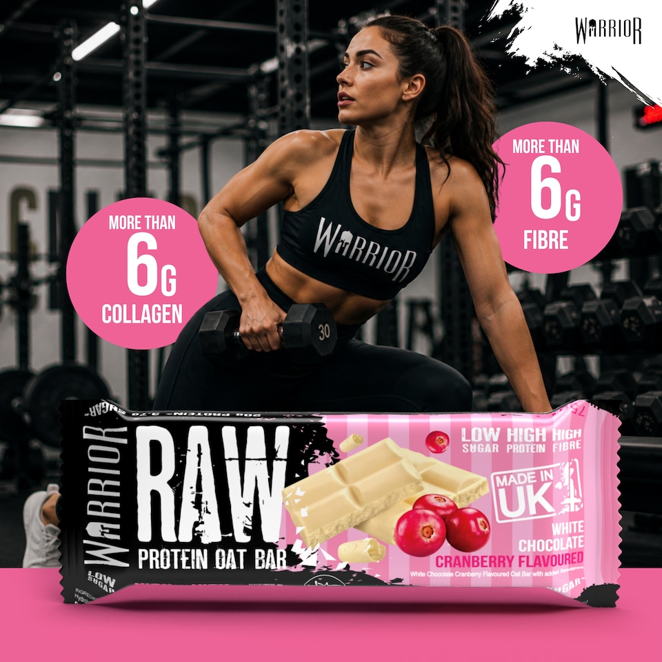 image 1 of Warrior RAW Protein Bars 12 x 75g – 20g High Protein Bar, Low Sugar High Fibre Oat Protein Flapjack – Protein Snacks, Meal Replacement Bars (White Chocolate Cranberry)