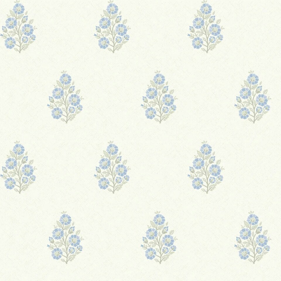 Sample of Posy Wallpaper in Blue and Sage on Cream Multi