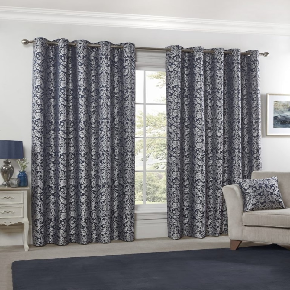 image 1 of Harrow Lined Eyelet Jacquard Curtains 228cm x 228cm Navy Blue | Blue