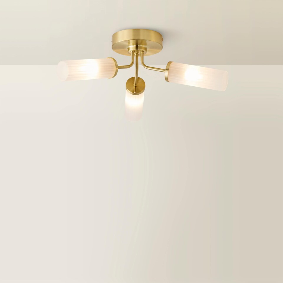 image 1 of ValueLights Canya Gold 3 Way IP44 Reeded Glass Ceiling Light | Gold