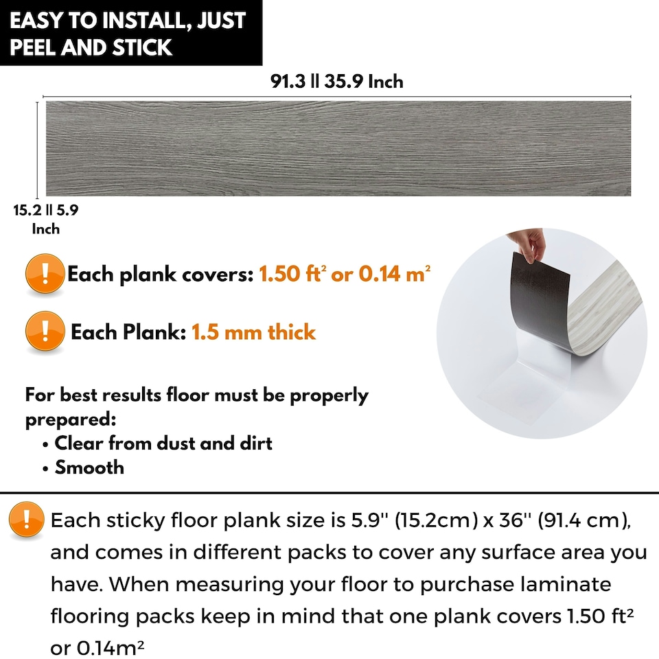 image 1 of Self Adhesive Floor Planks | 5.9x35.9in (91.4x15.2cm) Each | Peel & Stick Vinyl Flooring | Grey Wood Effect | Easy DIY | Stick On Tiles for Home Floors Grey | 0.97 sqm